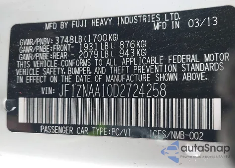 2013 Scion Fr-S из США, поврежденный, VIN JF1ZNAA10D2724258